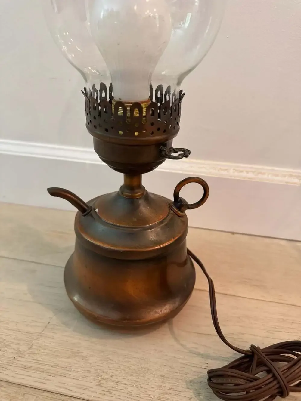 Vintage Copper Base Electric Oil Style Table Lamp with Glass Chimney